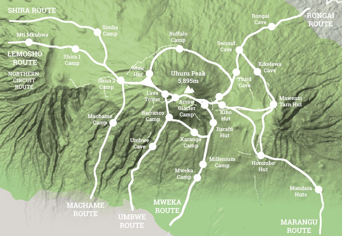 Map of the seven Kilimanjaro routes - Shira, Lemosho, Northern Circuit, Machame, Umbwe, Rongai and Marangu - with the camps on each and the Mweka descent route